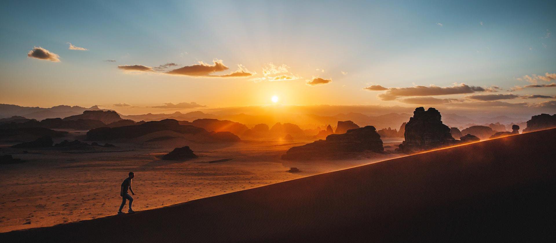 Sunset in the Hisma Desert. NEOM, Saudi Arabia | The NEOM Nature Reserve region is being designed to deliver protection and restoration of biodiversity across 95% of NEOM